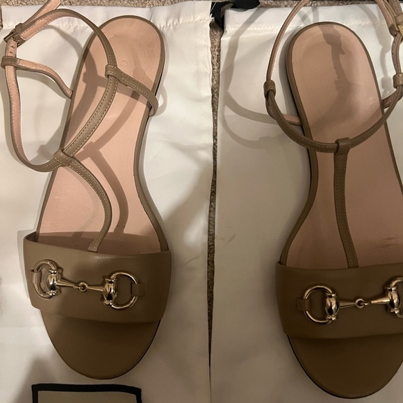 Gucci Shoes - Gucci Tan Sandals with Silver Detailing